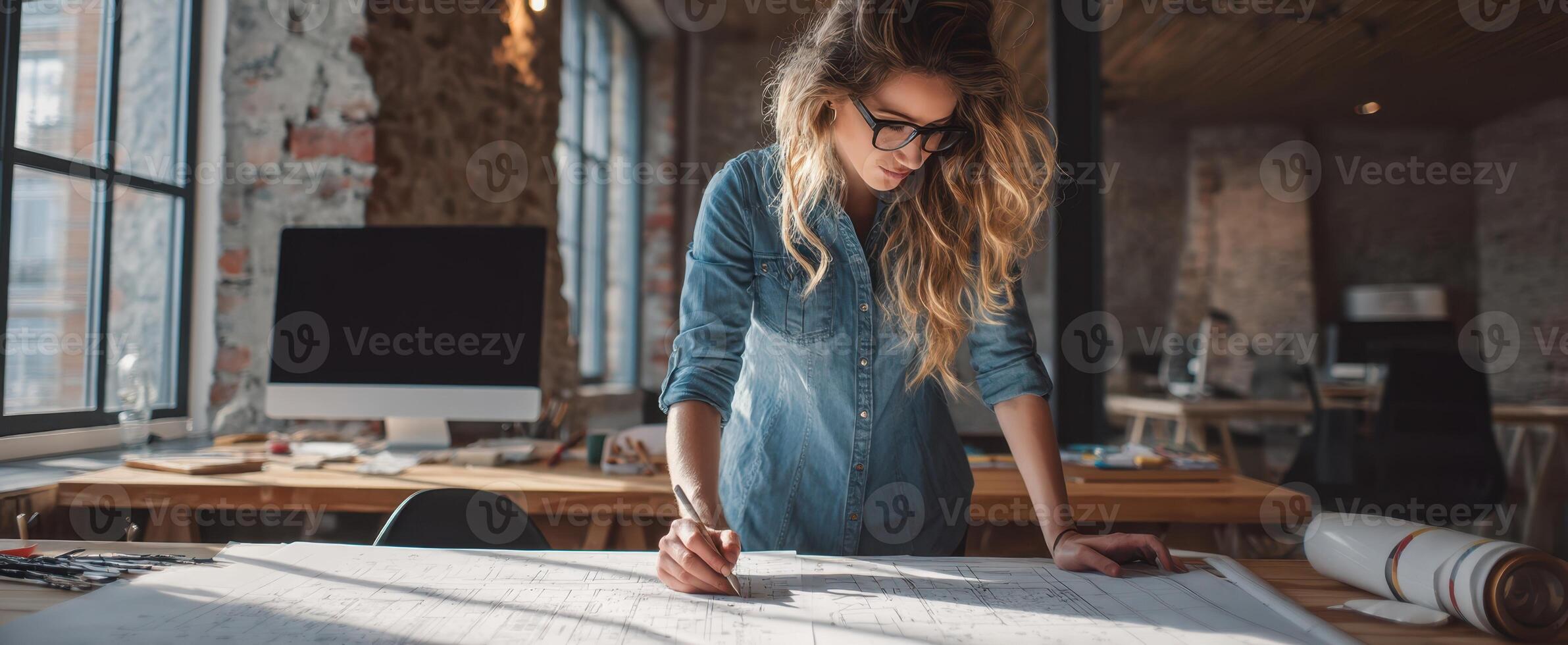 The architect reviewing detailed blueprints in a stylish modern workspace. photo
