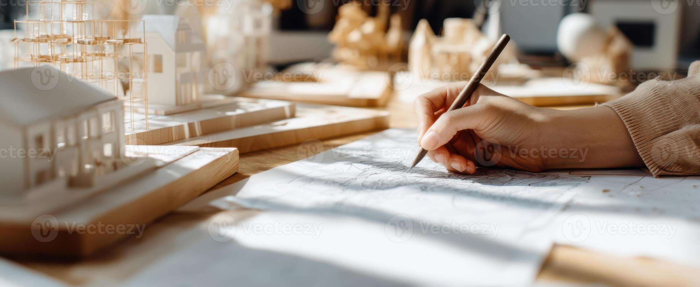 The hand sketching architectural designs surrounded by miniature models and blueprints. photo