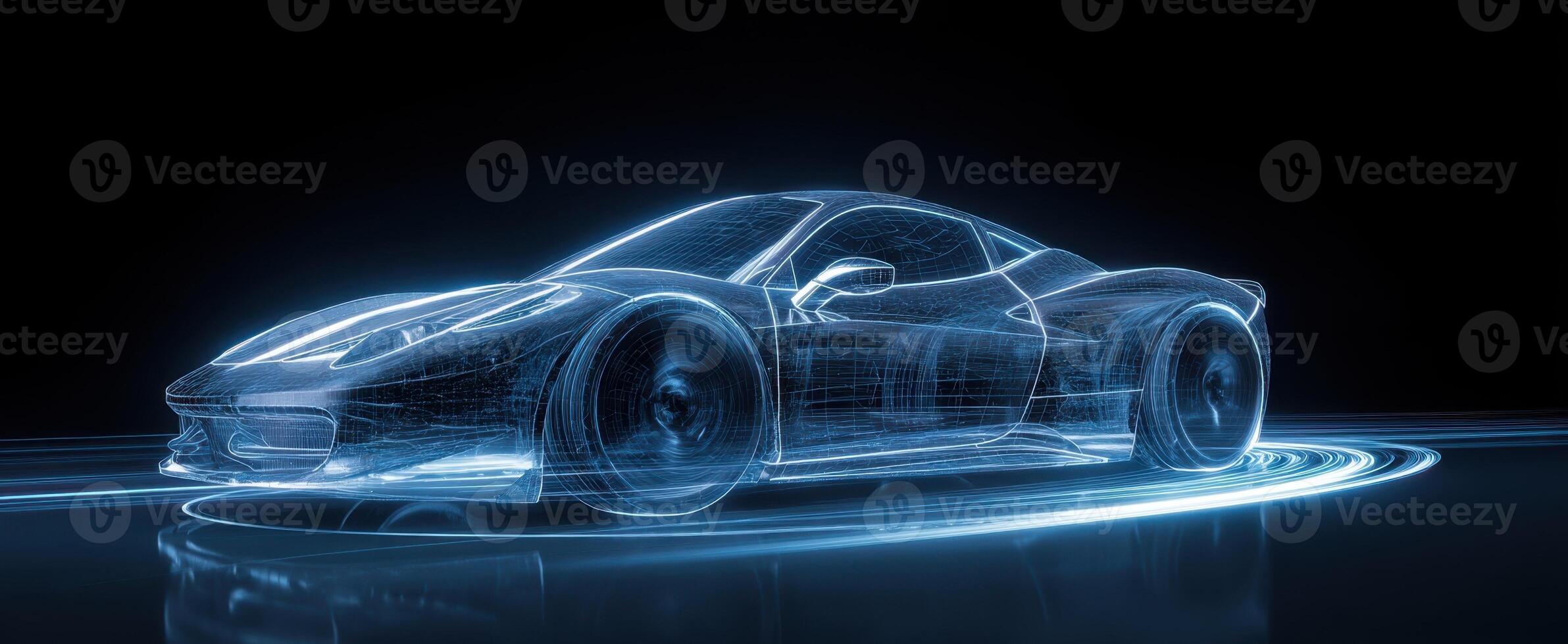 The futuristic sports car represented in a glowing holographic design. photo