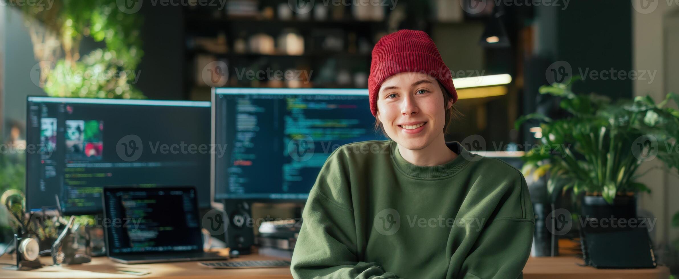 The young programmer smiling in a modern home office setting. photo