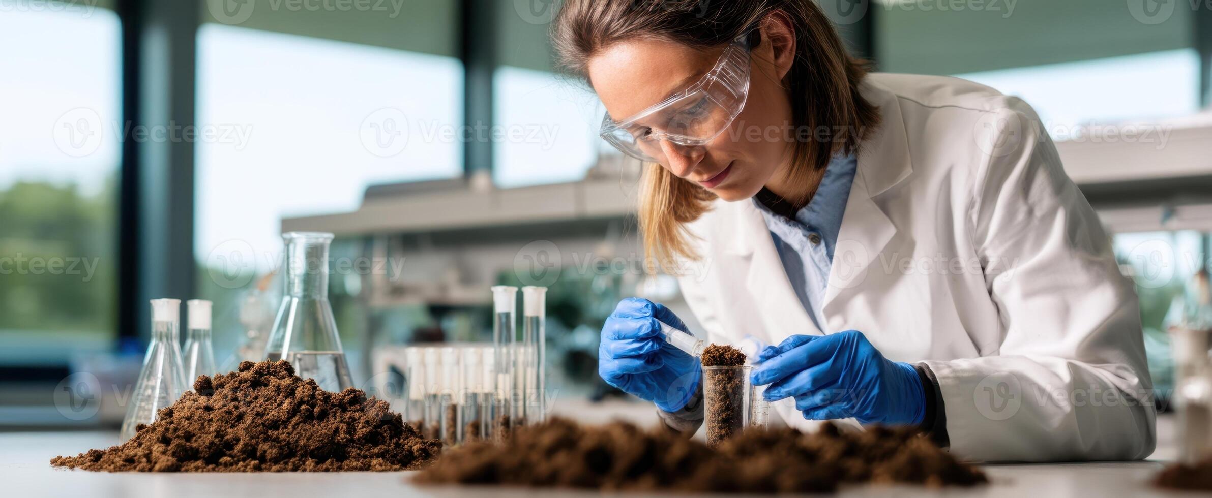 The scientist conducting soil analysis in a modern laboratory setting. photo