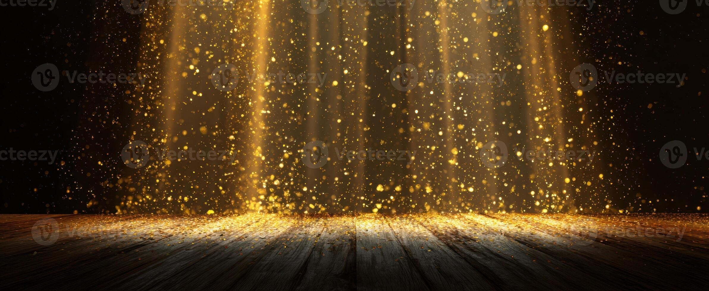 The golden sparkles illuminate the wooden floor with magical light. photo
