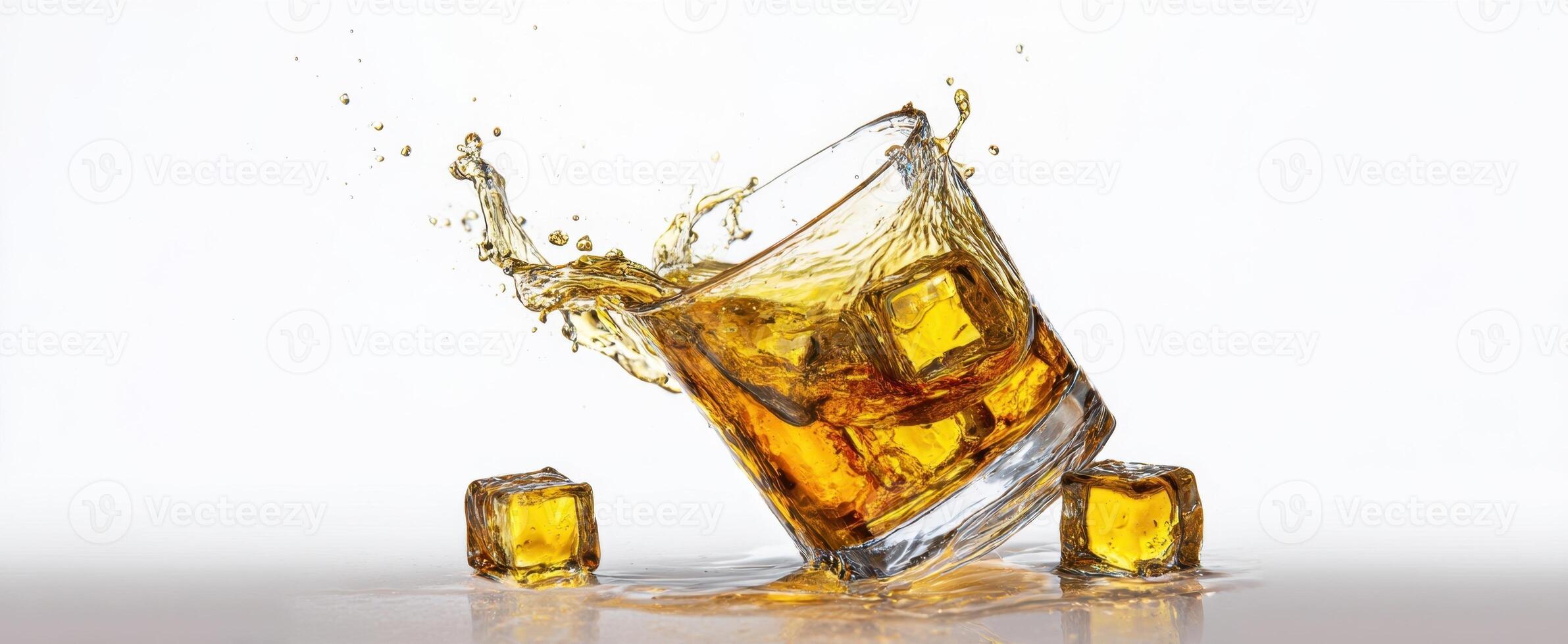 The dynamic splash of whiskey in a glass with ice cubes. photo