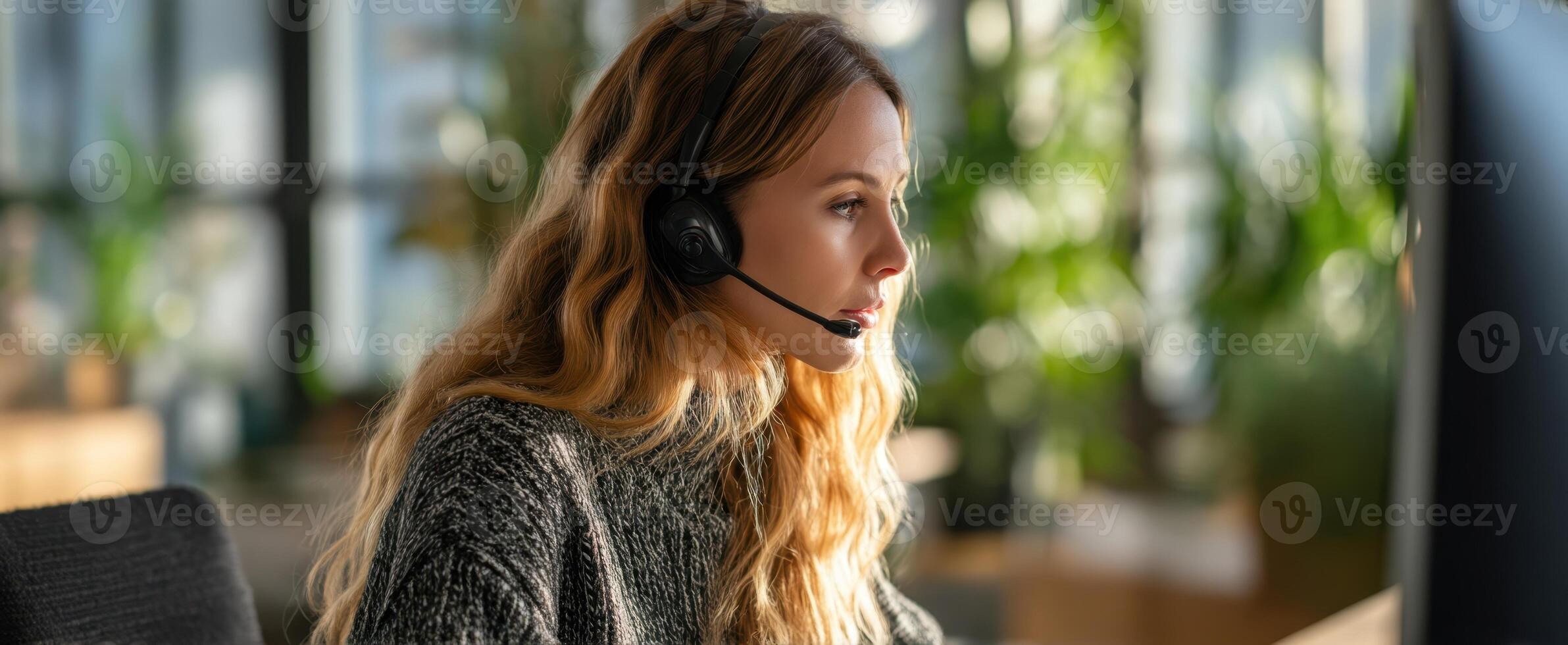 The focused woman with headset effectively communicating in a modern office environment. photo