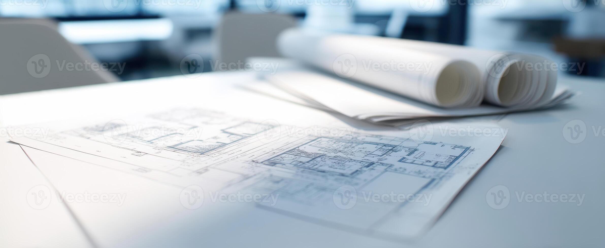 Architectural plans on a table with a roll of paper photo