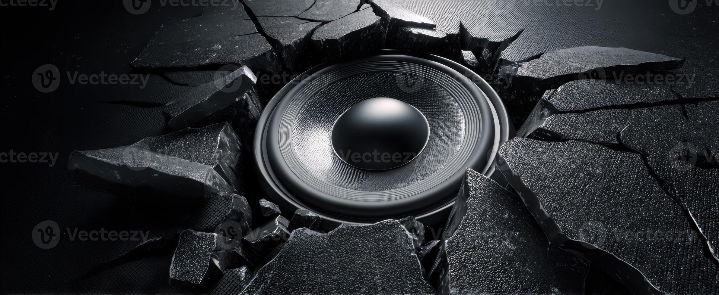 The speaker emerging from cracked black surface creating a striking visual impact. photo