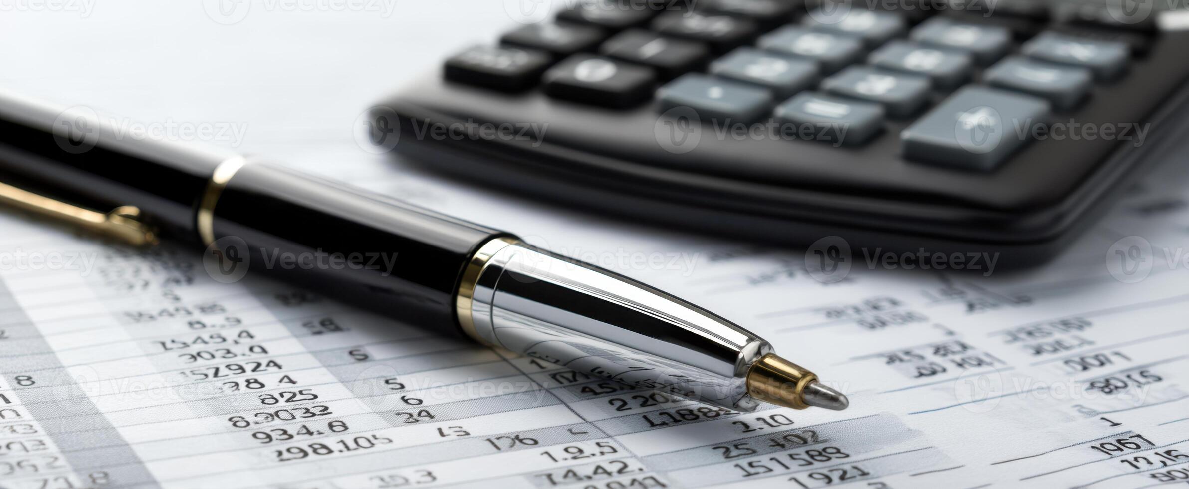 The elegant pen and calculator on financial documents for detailed analysis. photo