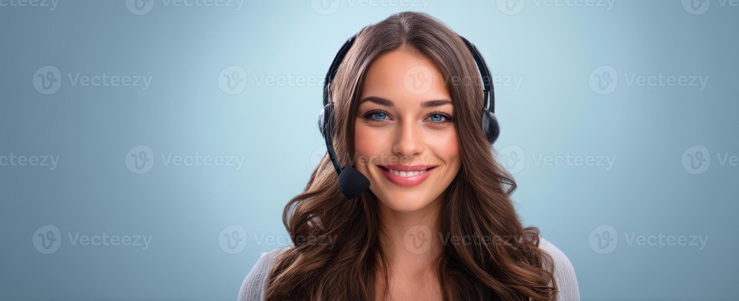 The smiling woman wearing a headset in a professional setting. photo