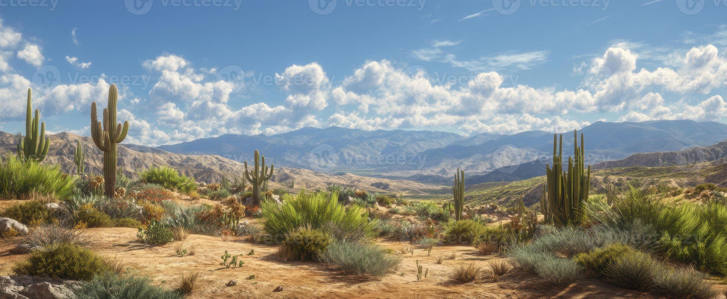 The vibrant desert landscape showcasing towering cacti against a picturesque mountain backdrop. photo