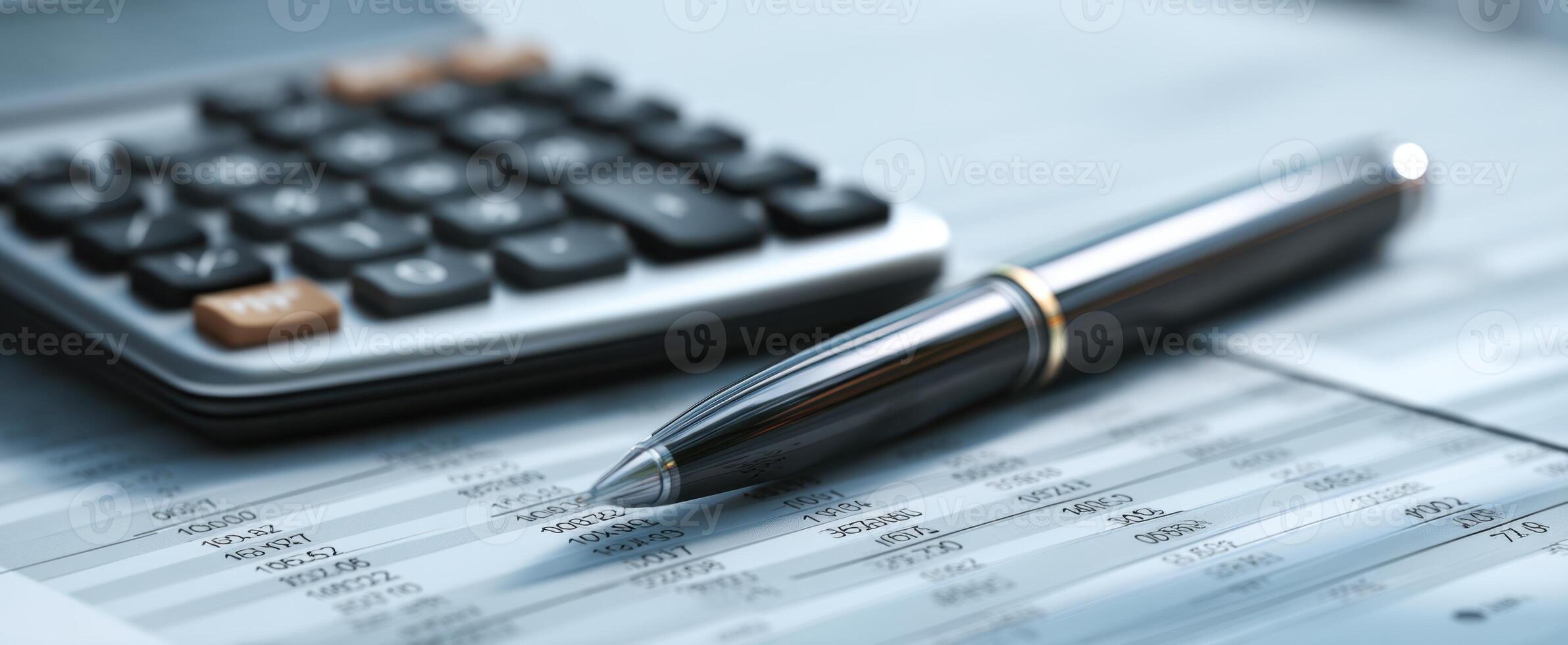 The pen and calculator on a financial spreadsheet for accounting and analysis. photo