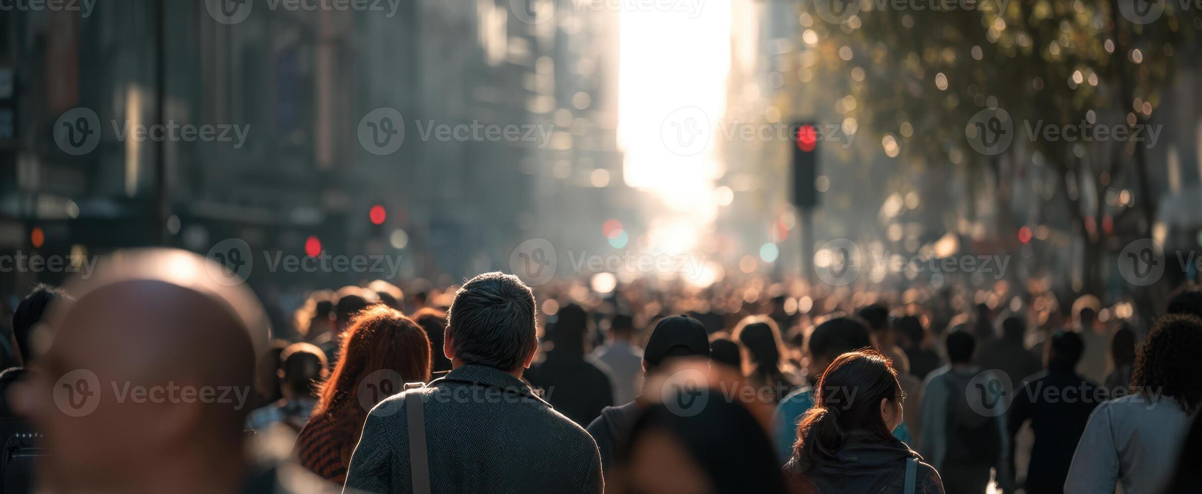 The busy urban street filled with walking crowd at golden hour photo