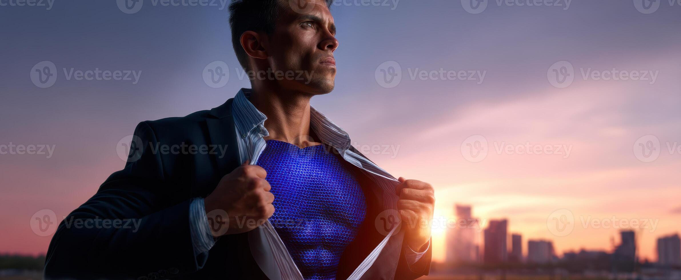The businessman revealing a superhero identity under the sunset skyline photo
