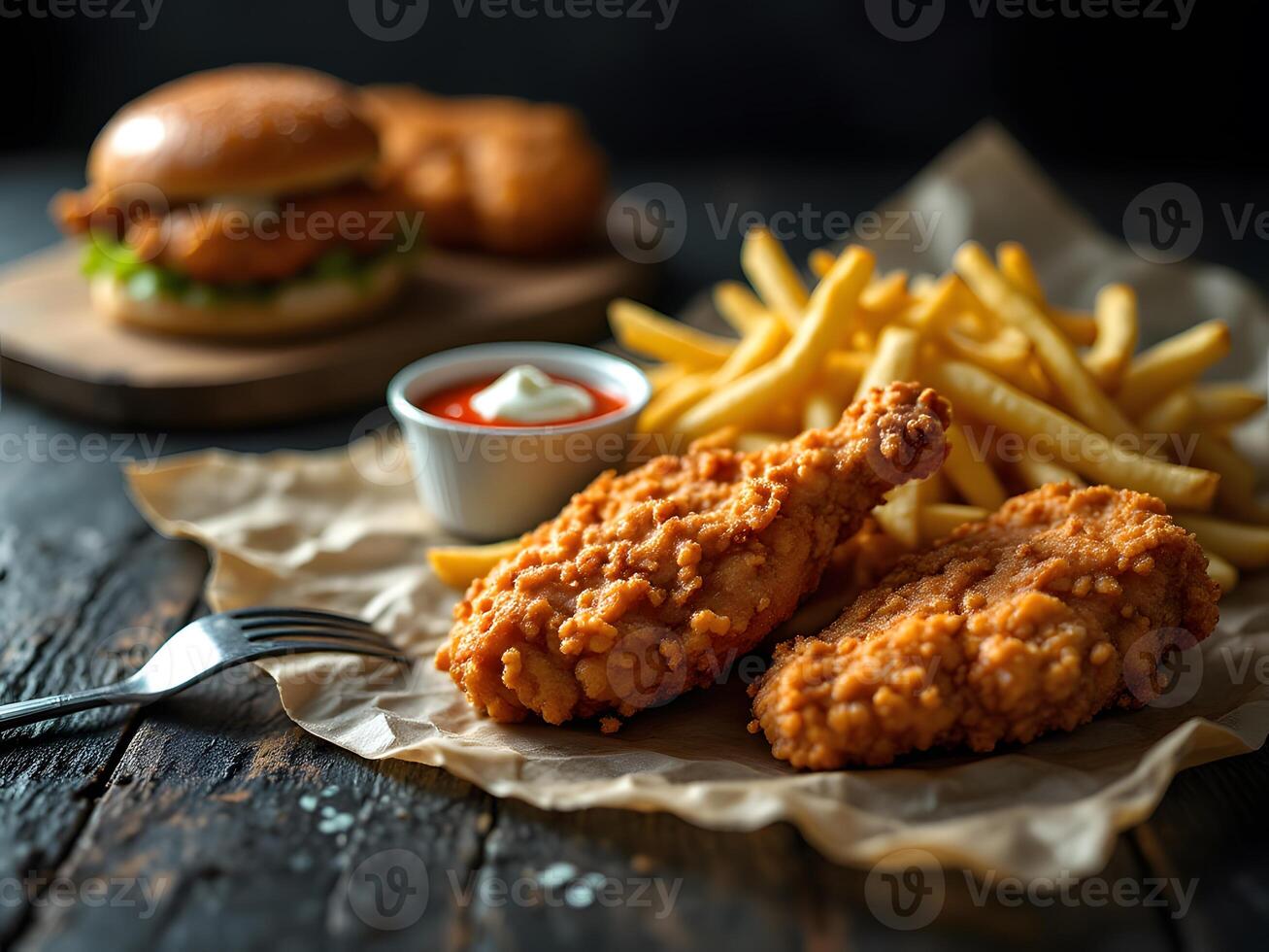 Crispy Fried Chicken with Golden Fries A Rustic Food Photography photo
