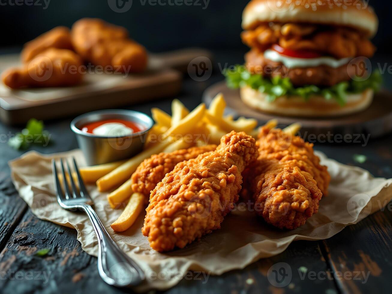 Crispy Chicken Tenders with Fries and Burger A Rustic Food Photo