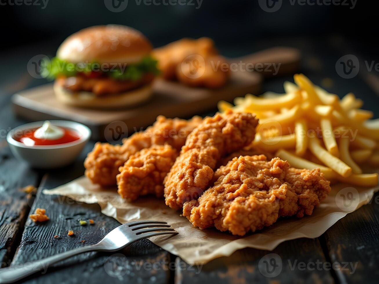 Crispy Chicken Tenders with Golden Fries A Rustic Food Photography photo