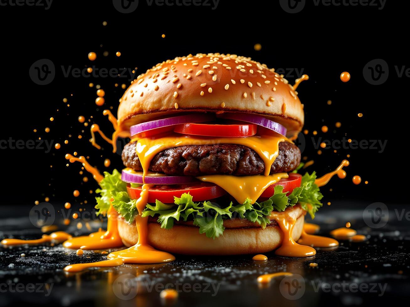 Juicy Cheeseburger with Melted Cheese and Splashing Sauce photo