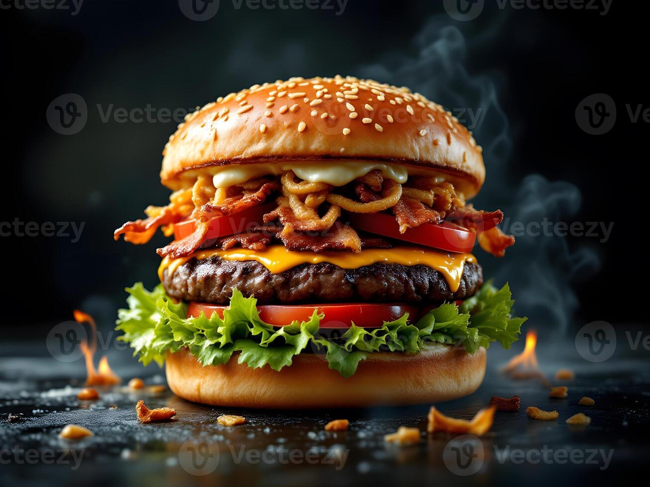Juicy Bacon Cheeseburger A Gourmet Delight with Crispy Onions photo