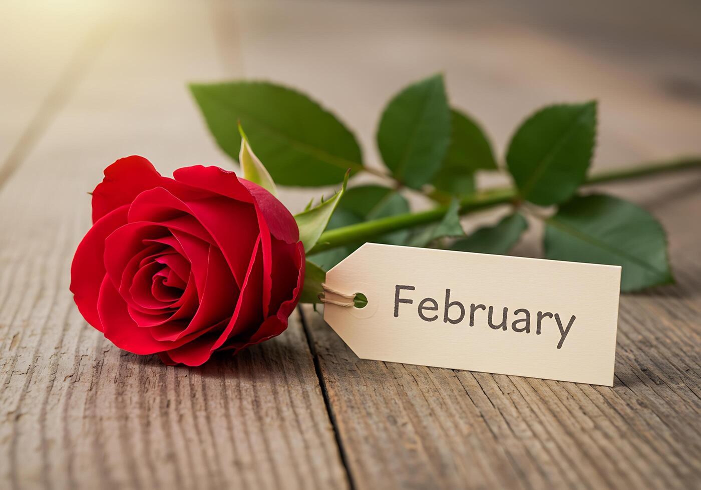 Red Rose with February Tag on Wood Table photo