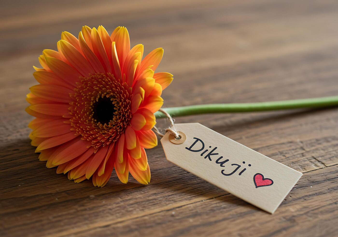 Orange Gerbera Daisy Flower with Thank You Tag photo