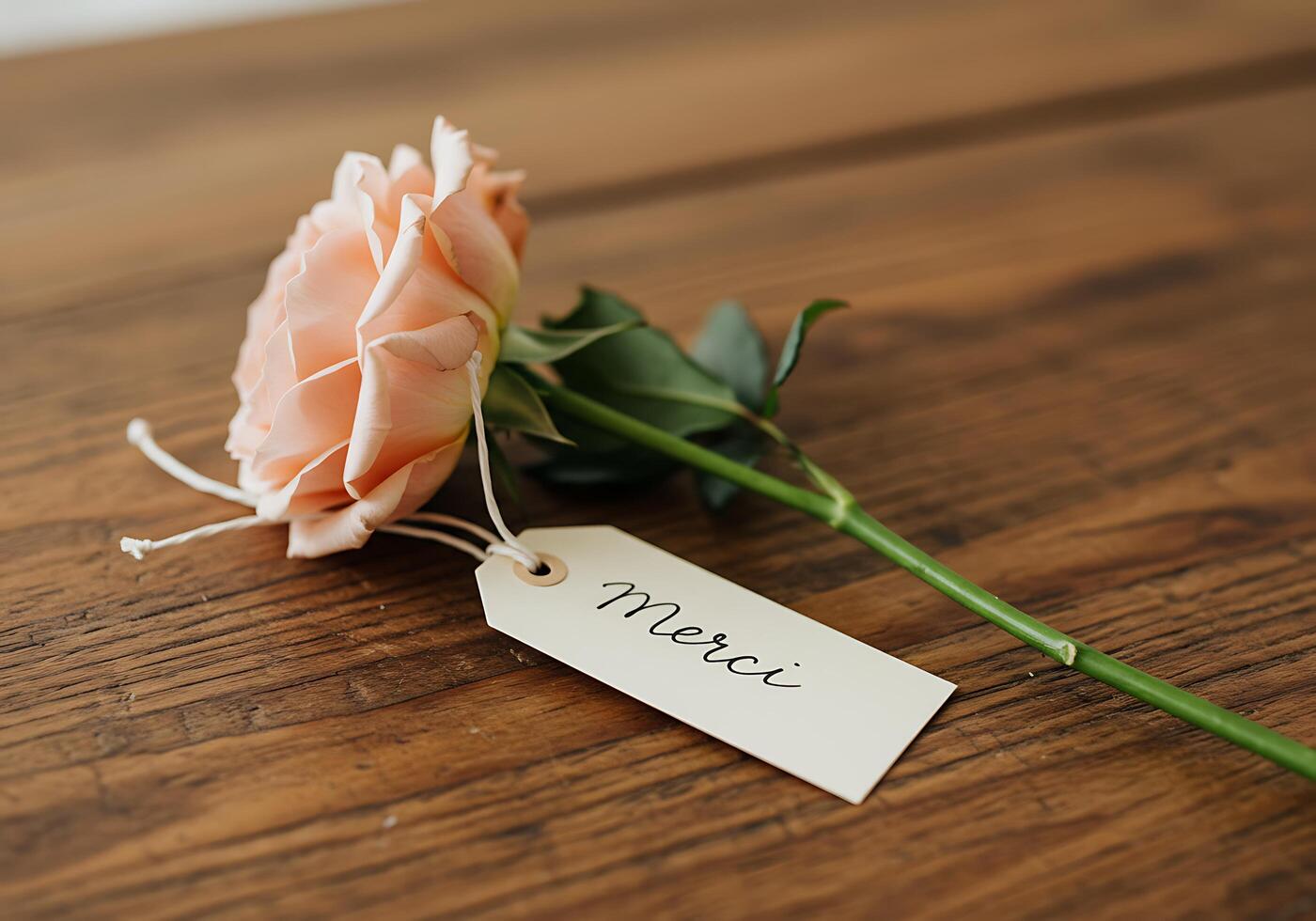 Pink Rose with Merci Tag on Wooden Table photo