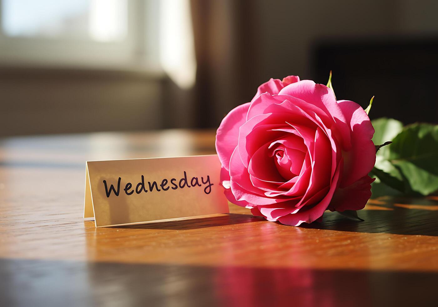 Rose and Wednesday Card on Wooden Table photo