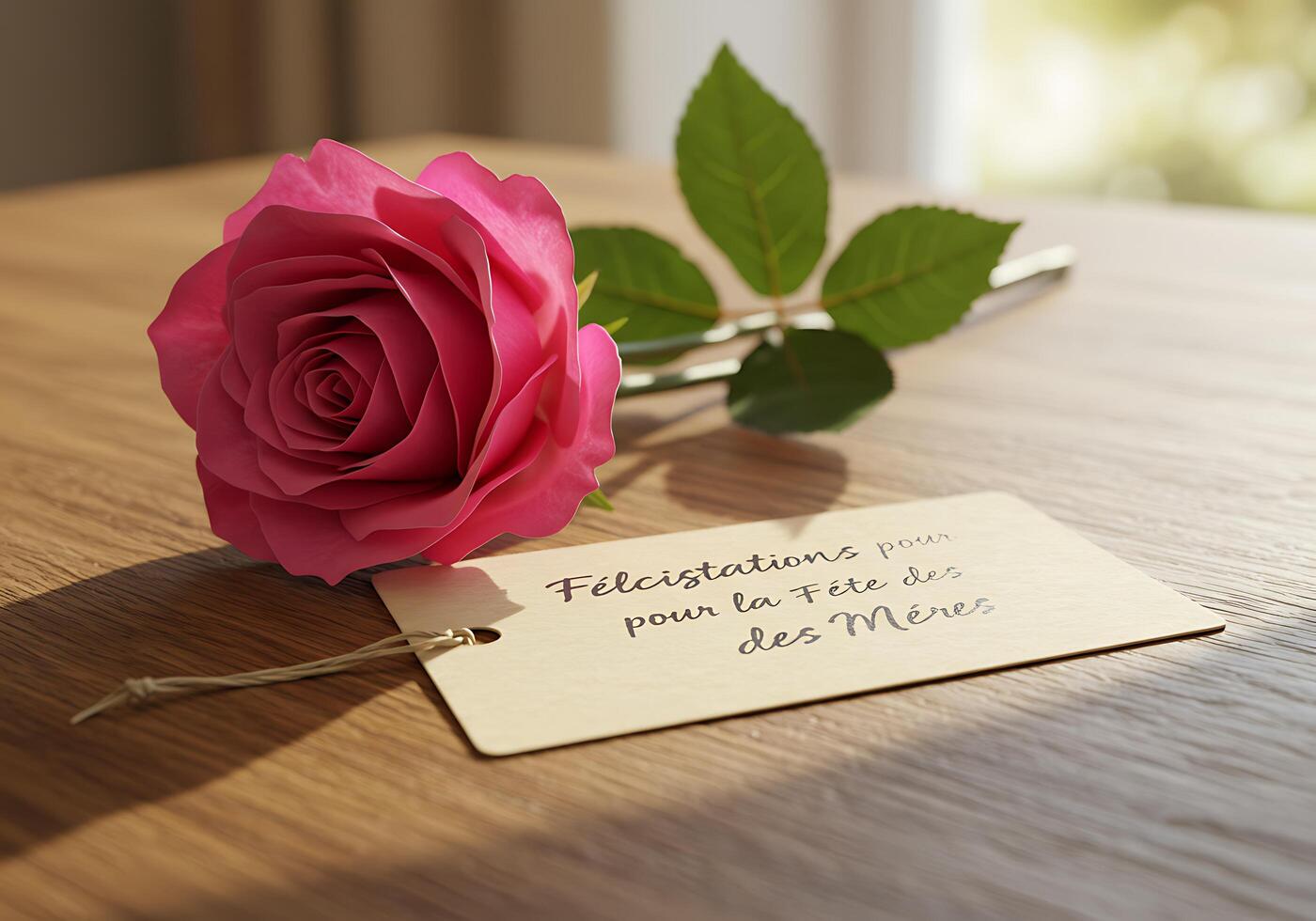 Pink Rose and Mother's Day Greeting on Wooden Table photo