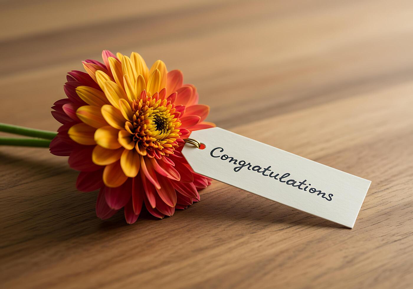 Flower with Congratulations Tag on Wooden Table photo