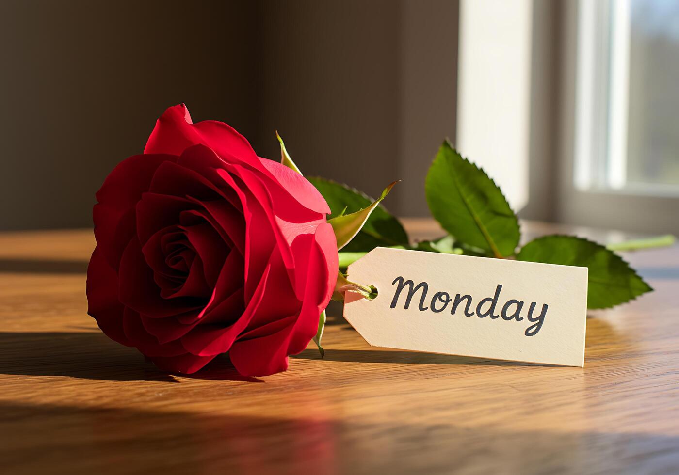 Red Rose with Monday Tag on Wooden Table photo