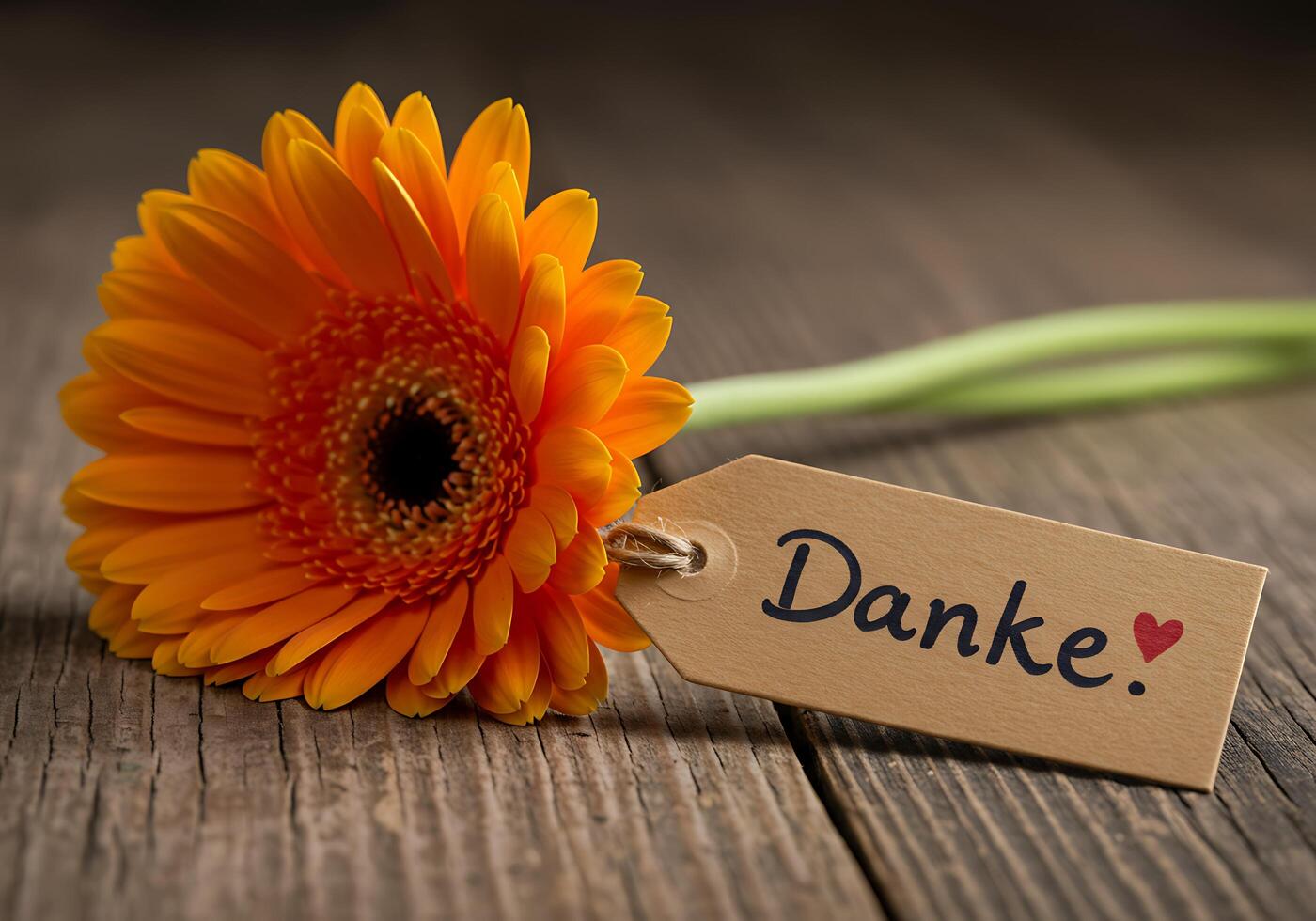 Orange Gerbera with Danke Tag on Rustic Wood photo
