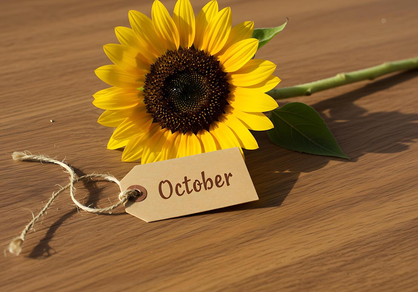 Sunflower and October Tag on Wooden Table photo