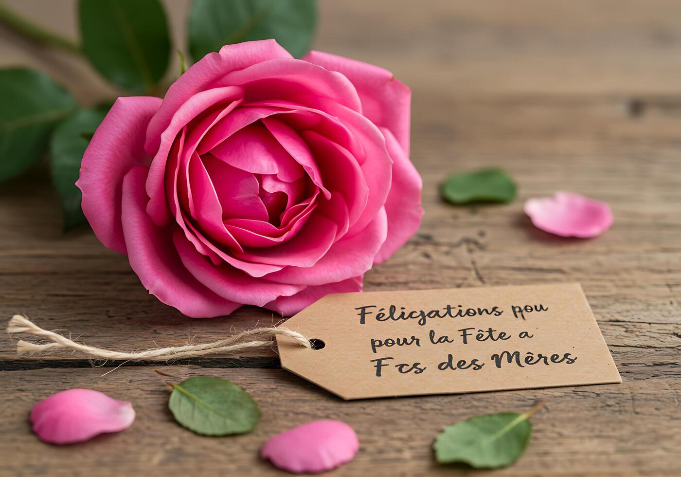 Pink Rose and Mother's Day Tag on Wood photo