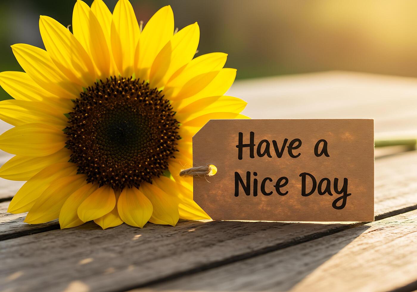 Sunflower with Have a Nice Day Tag on Wooden Table photo