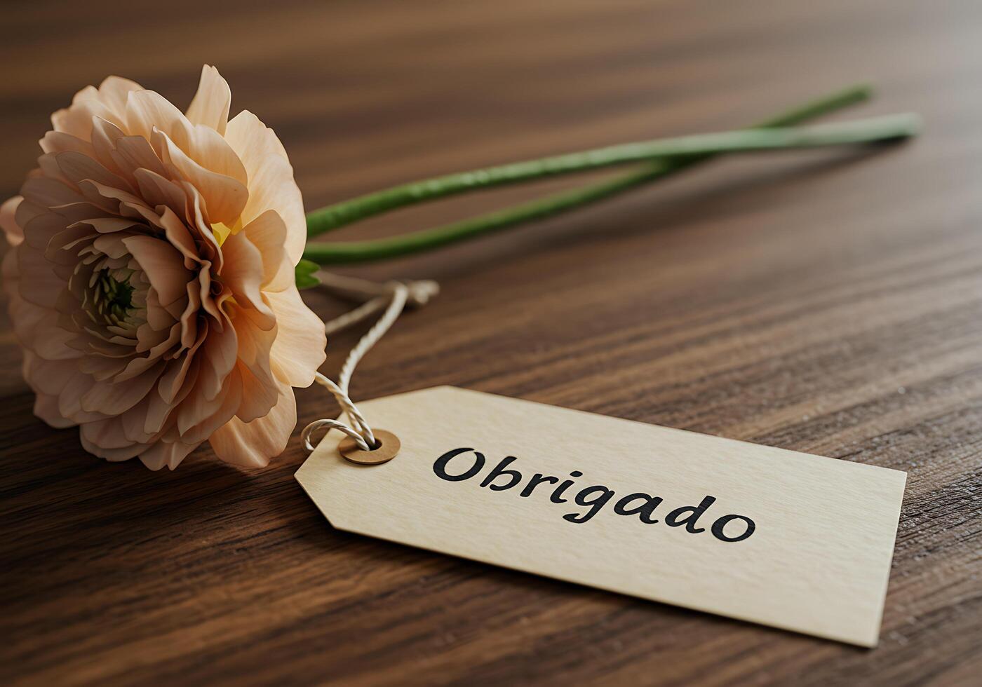 Flower and Obrigado Tag on Wooden Table photo