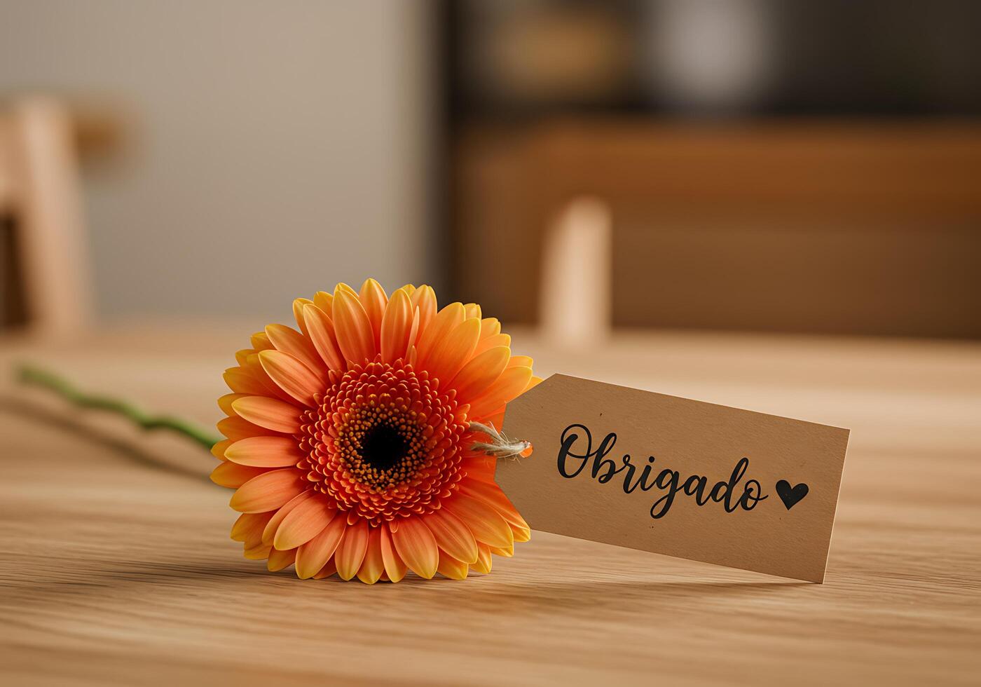 Orange Gerbera Flower with Obrigado Thank You Gift Tag photo
