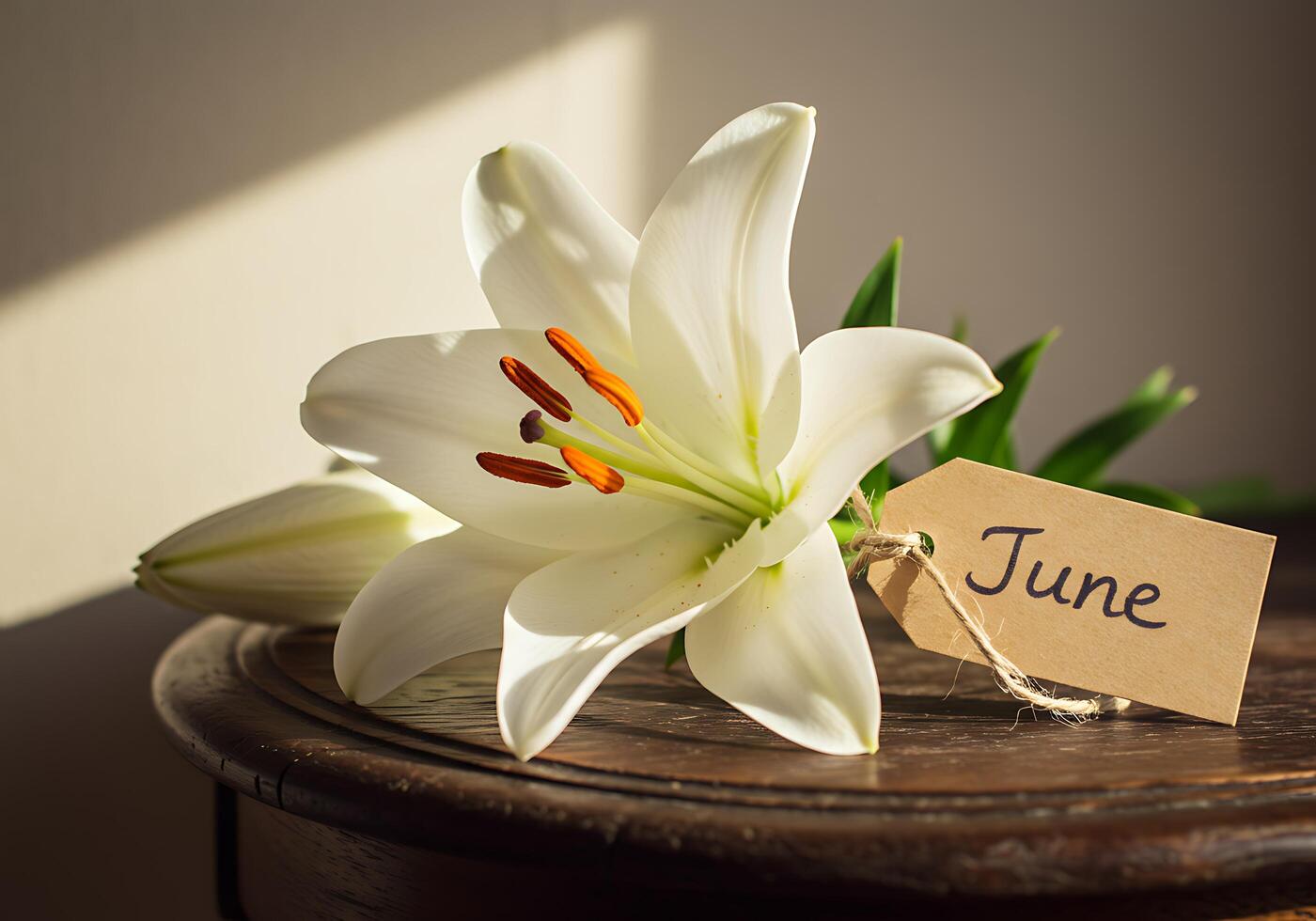 Lily Flower with June Tag on Wooden Table photo