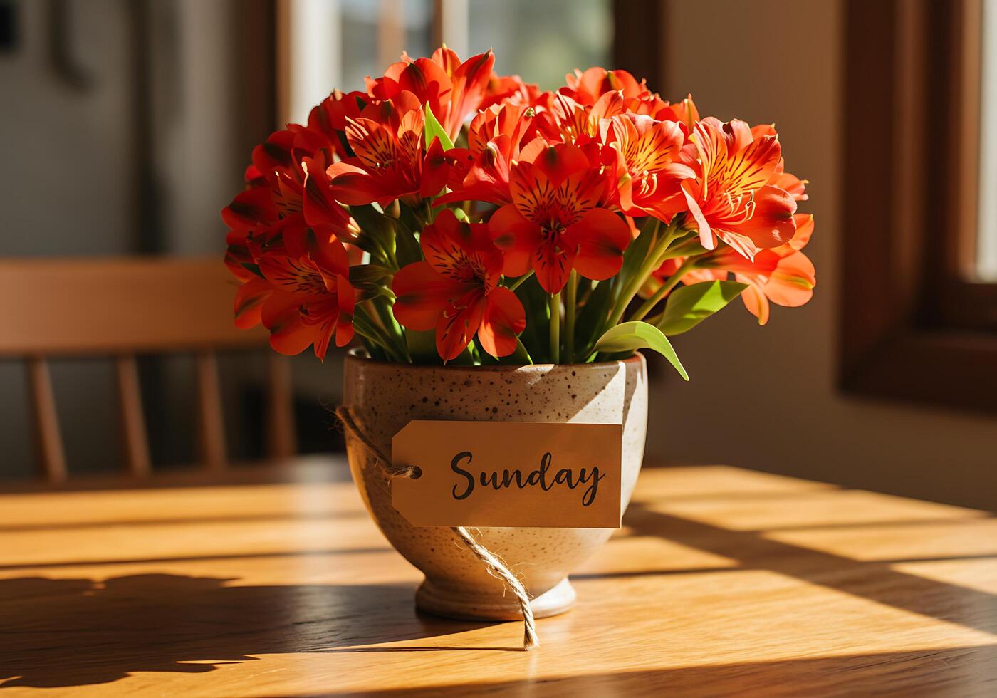 Orange Flower in Vase with Sunday Tag on Wooden Table photo