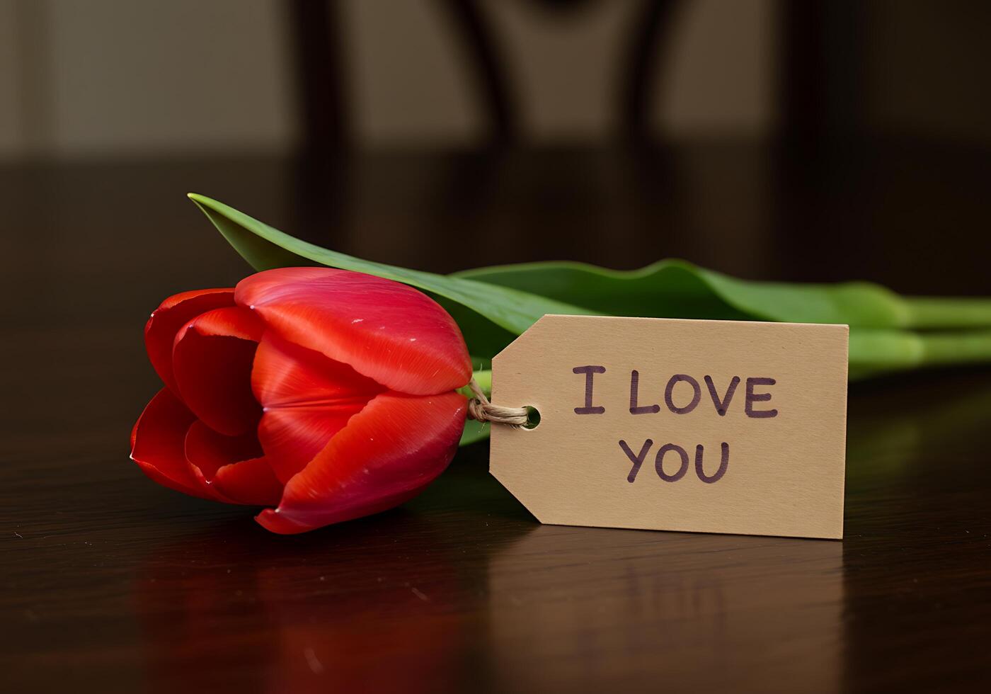 Red Tulip Flower with I Love You Tag on Table photo
