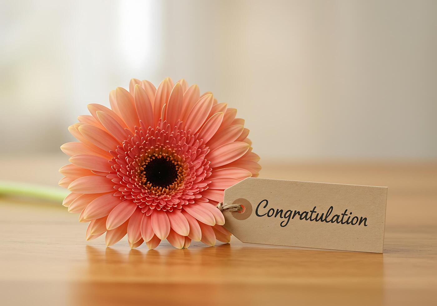 Gerbera Flower with Congratulation Tag on Table photo