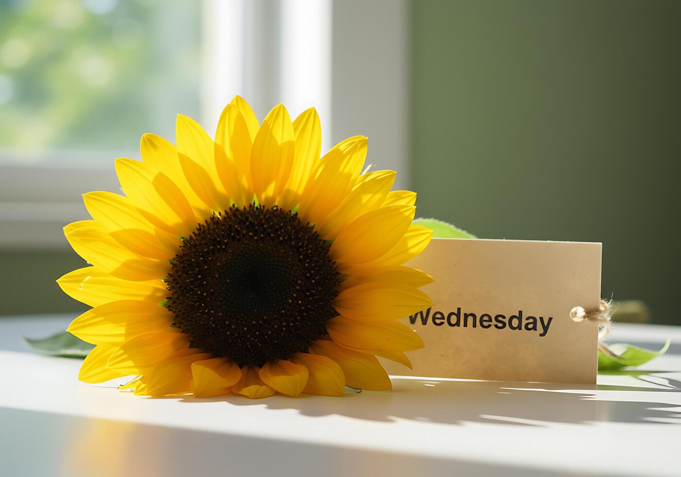 Sunflower and Wednesday Tag on White Surface photo