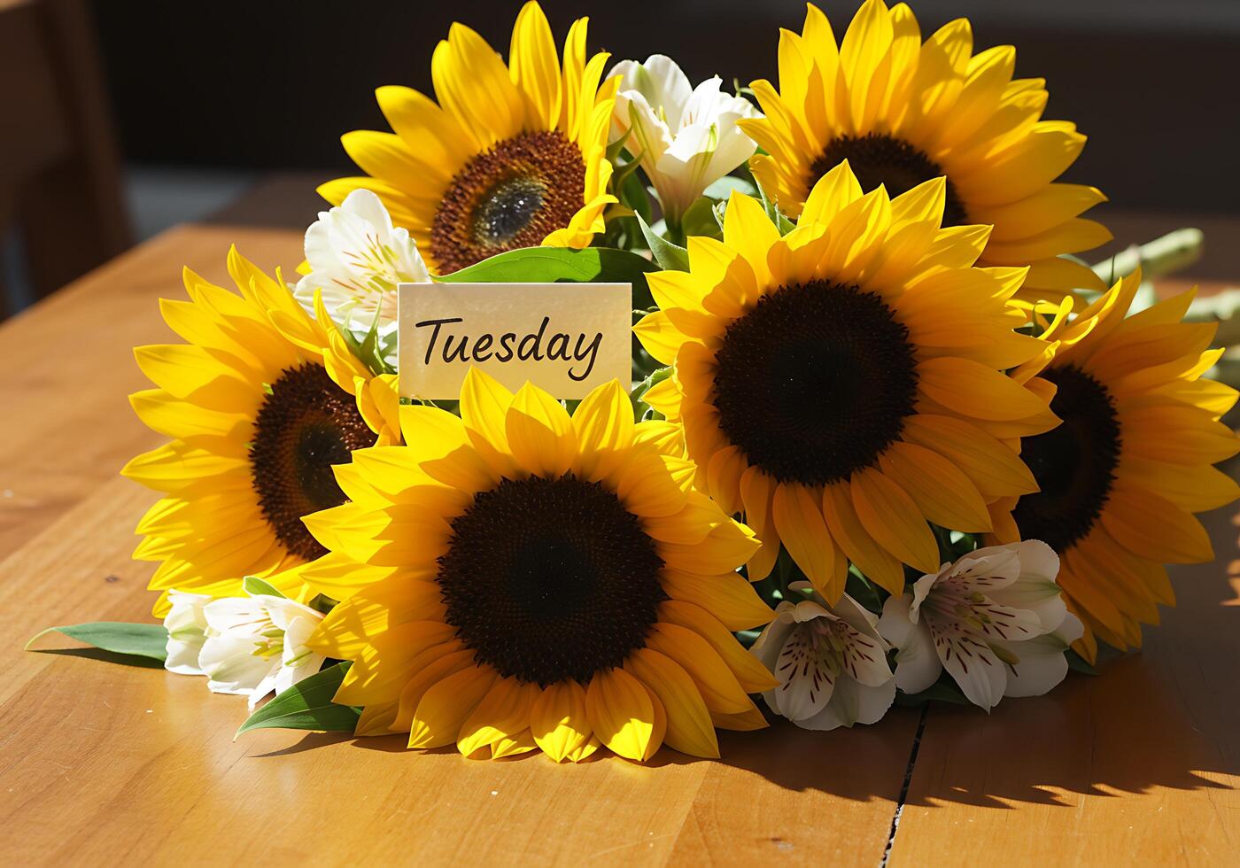 Sunflower and Tuesday Note on Table photo
