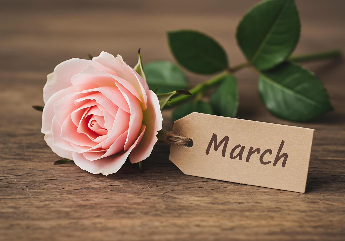 Pink Rose and March Tag on Wood photo