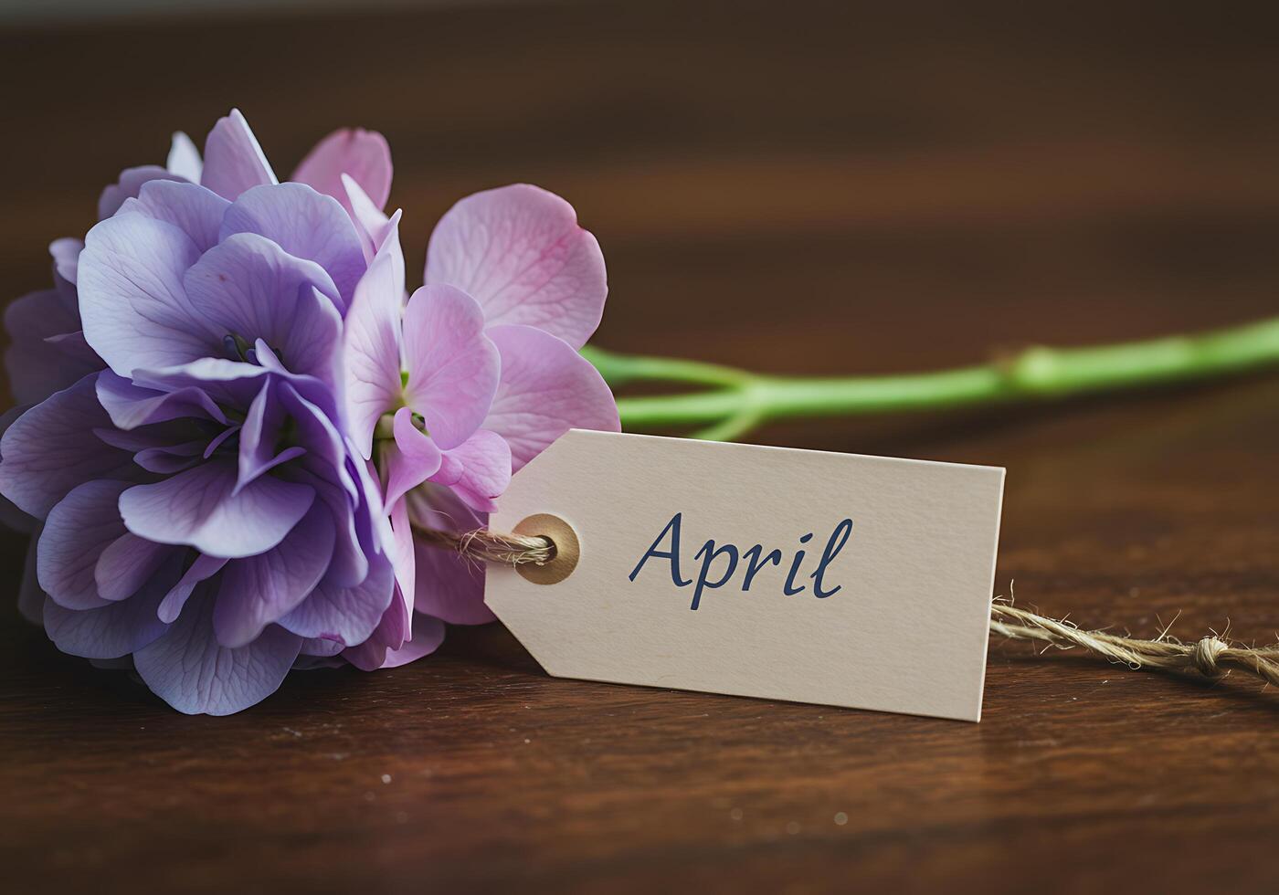 Hydrangea Flower with April Tag on Wooden Surface photo