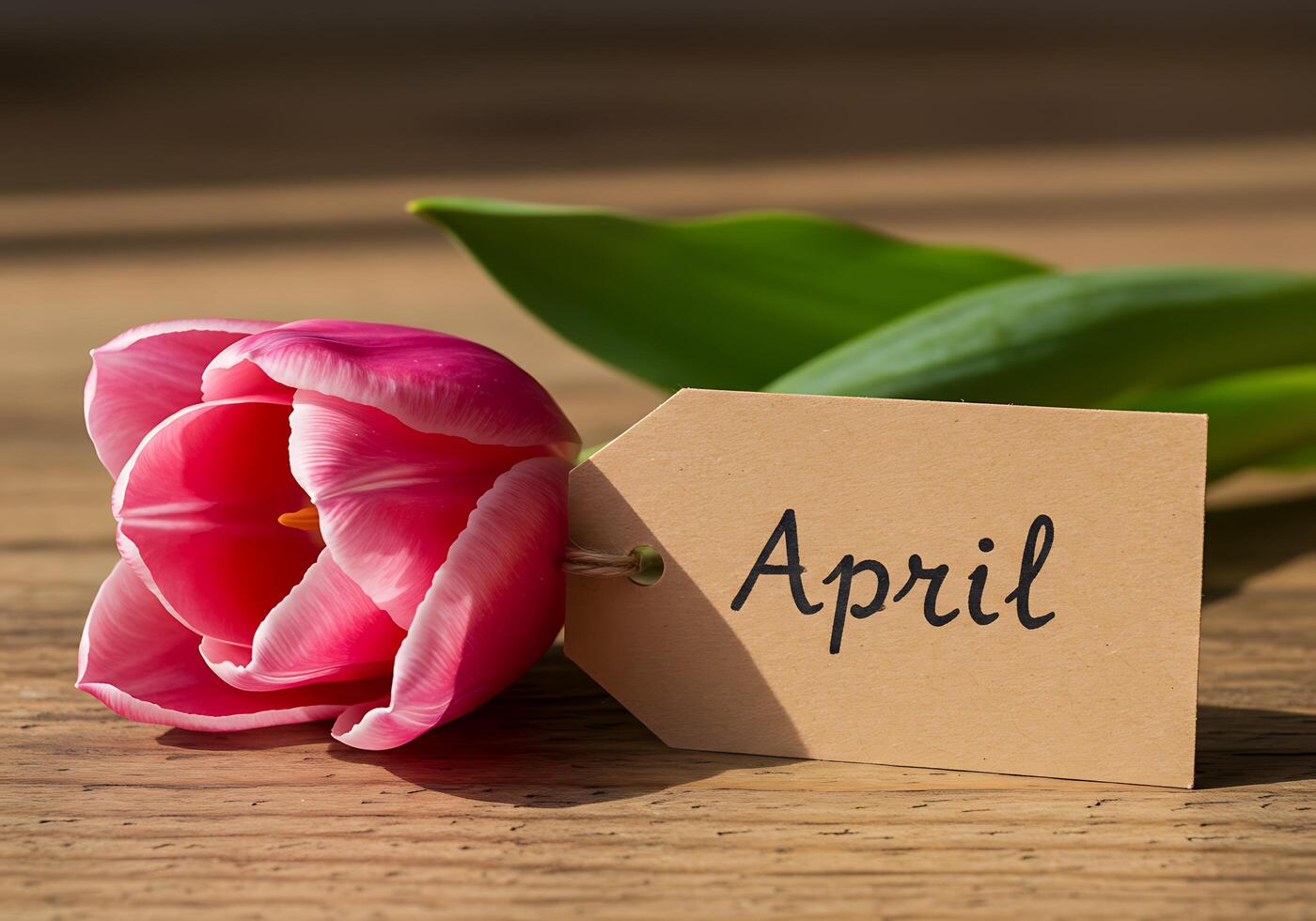 Pink Tulip with April Tag on Wood photo