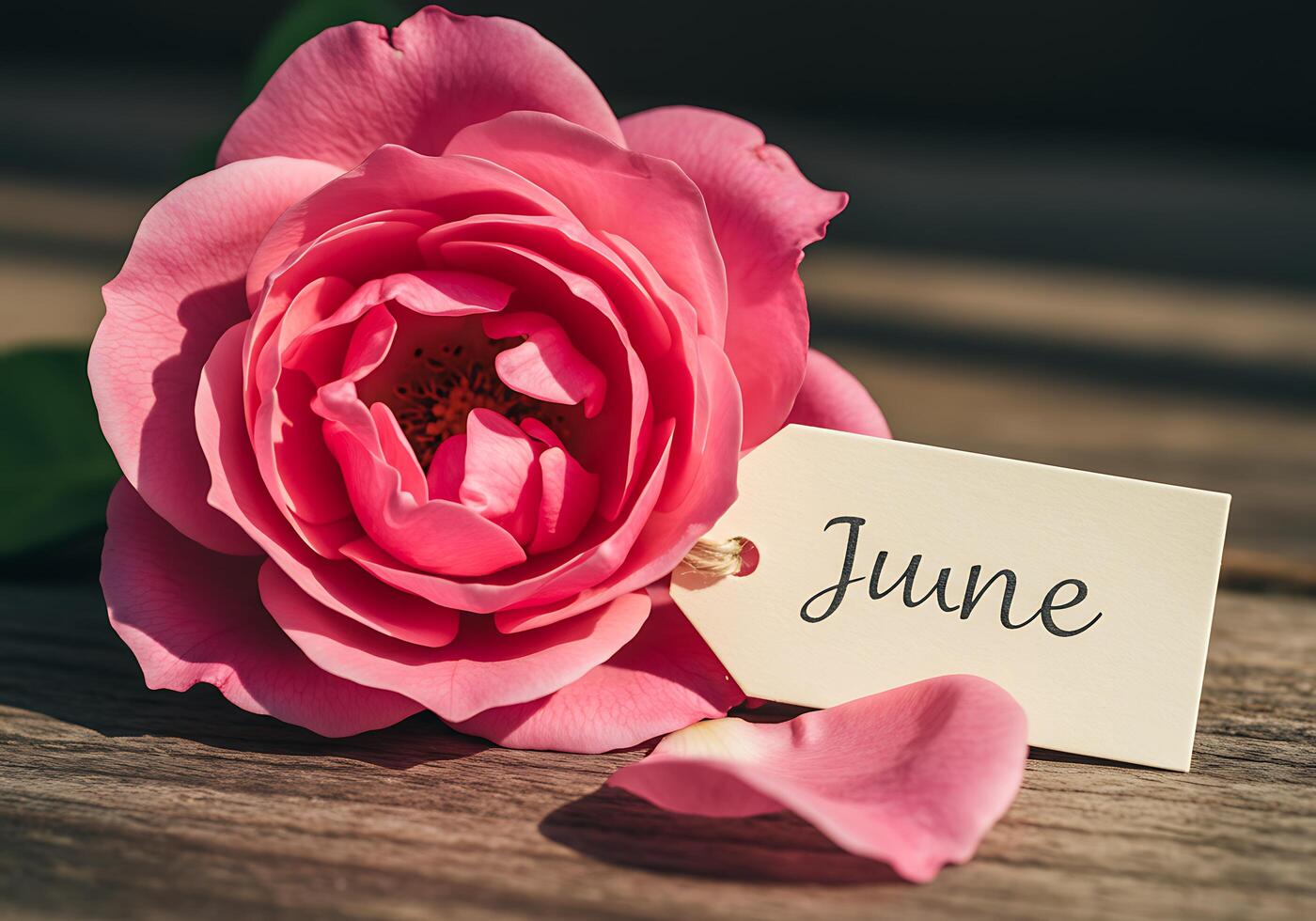 Pink Rose with June Tag on Wooden Surface photo