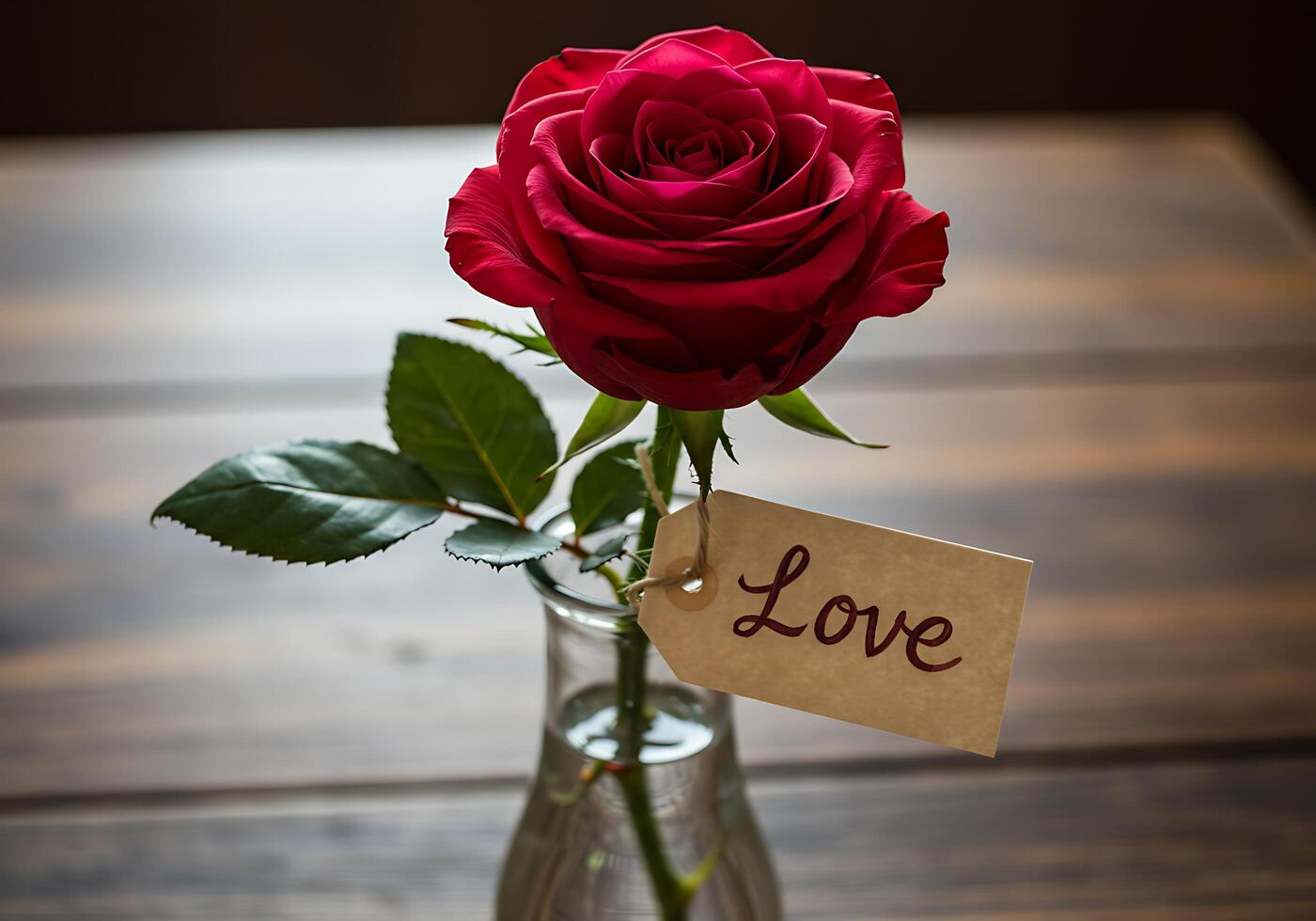 Red Rose in Vase with Love Tag photo