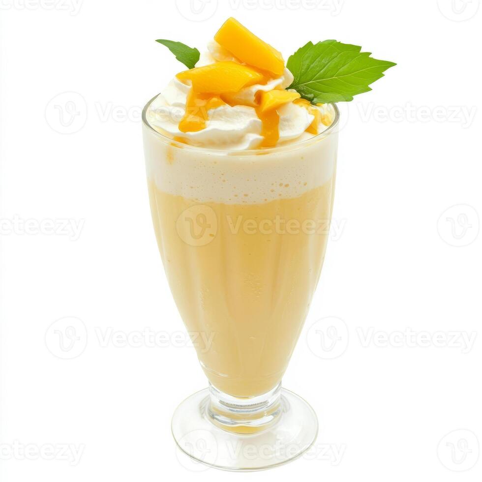 A glass of mango milkshake, with a creamy blend of mangoes, milk, and ice cream, isolated on clean photo