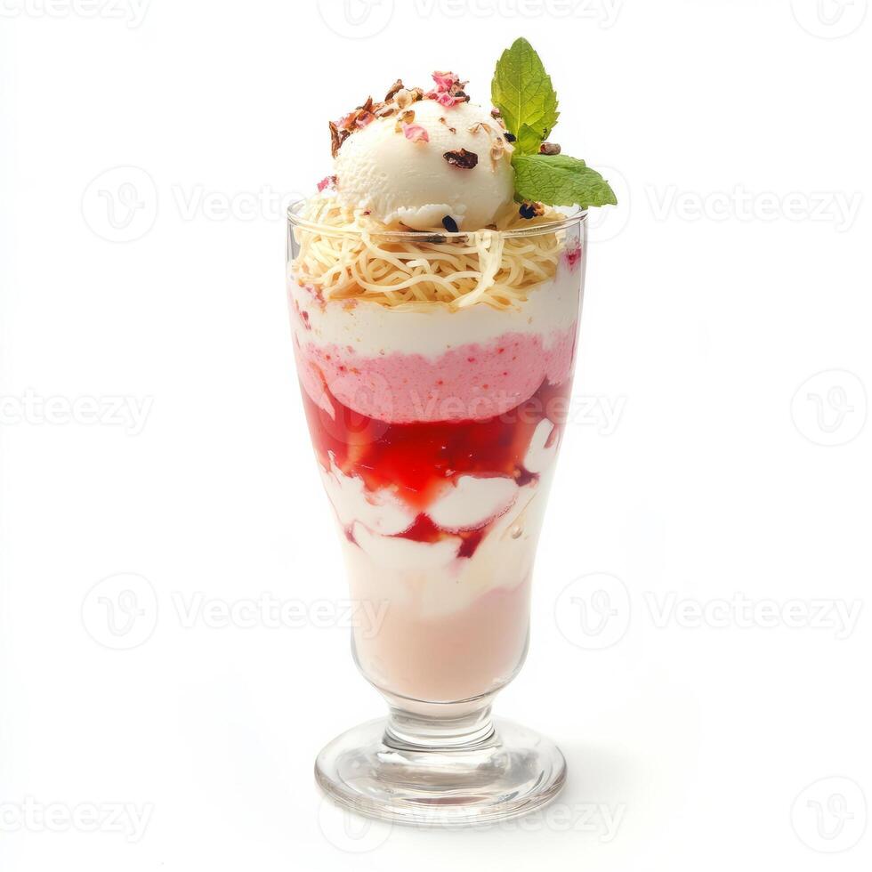 A dessert with ice cream, strawberries and whipped cream photo