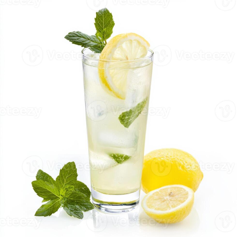 A glass of nimbu pani, with a refreshing drink made from lemon, sugar, and water, garnished with photo