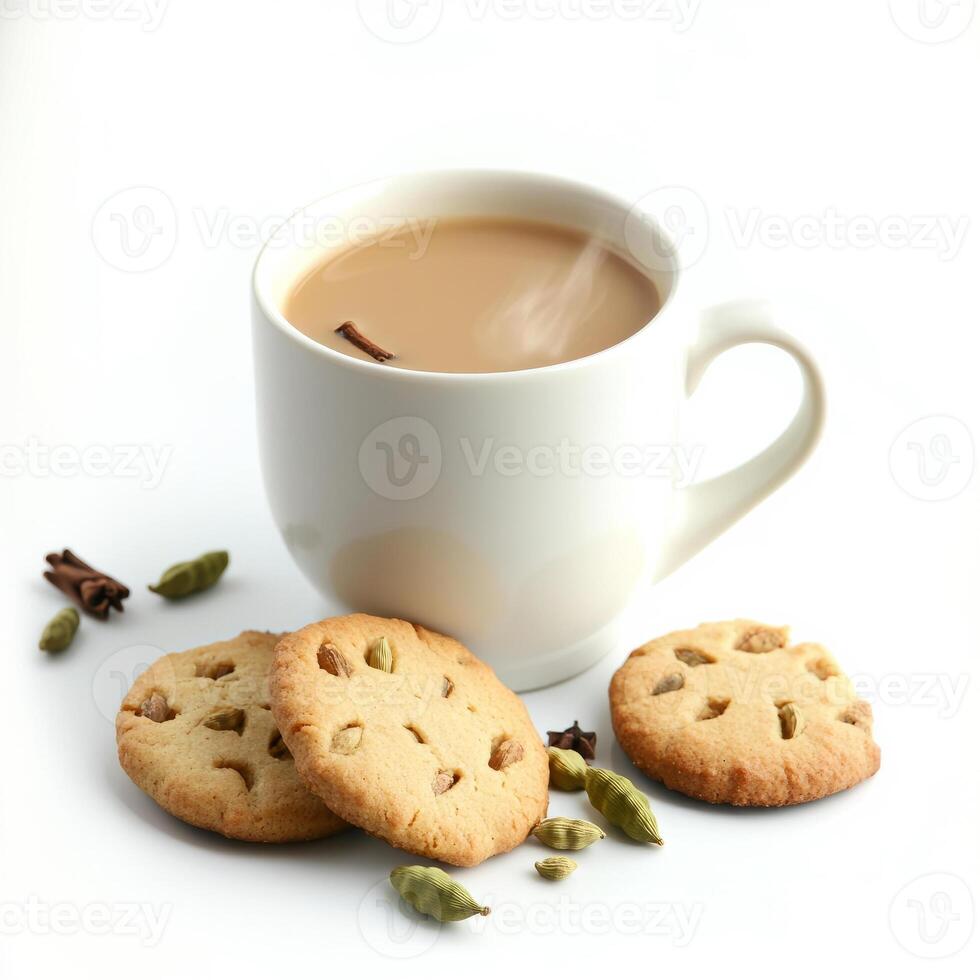 A steaming cup of masala chai, with a rich brown color and aromatic spices, served with a side of photo