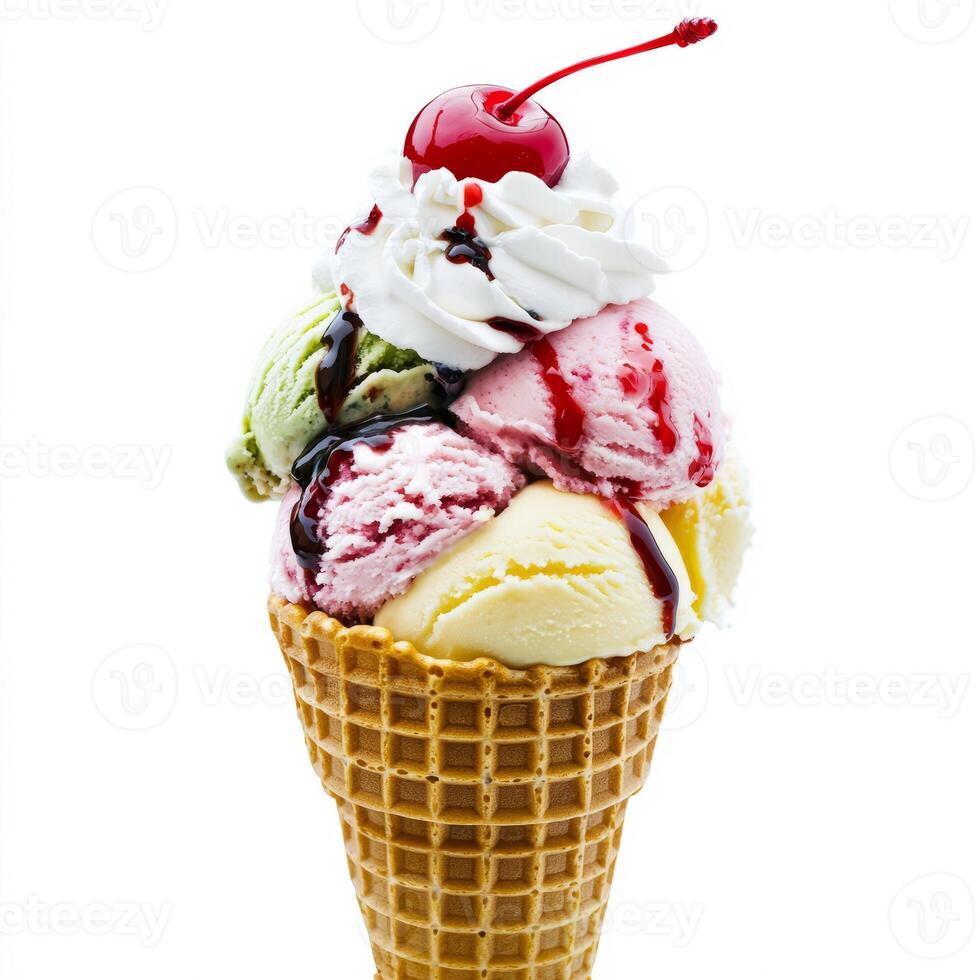 A close-up of a freshly made waffle cone, filled with scoops of colorful gelato in various flavors, photo